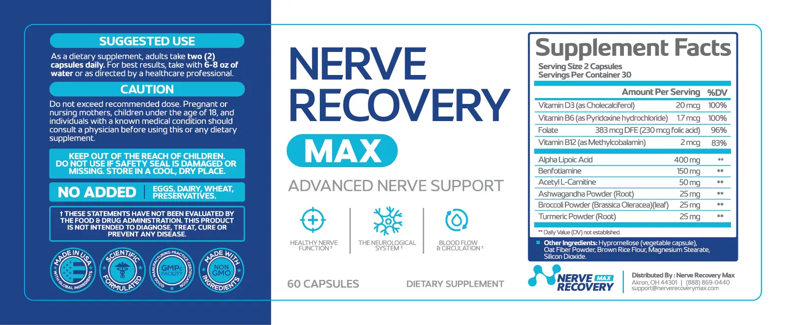 Nerve Recovery Max supplement facts label
